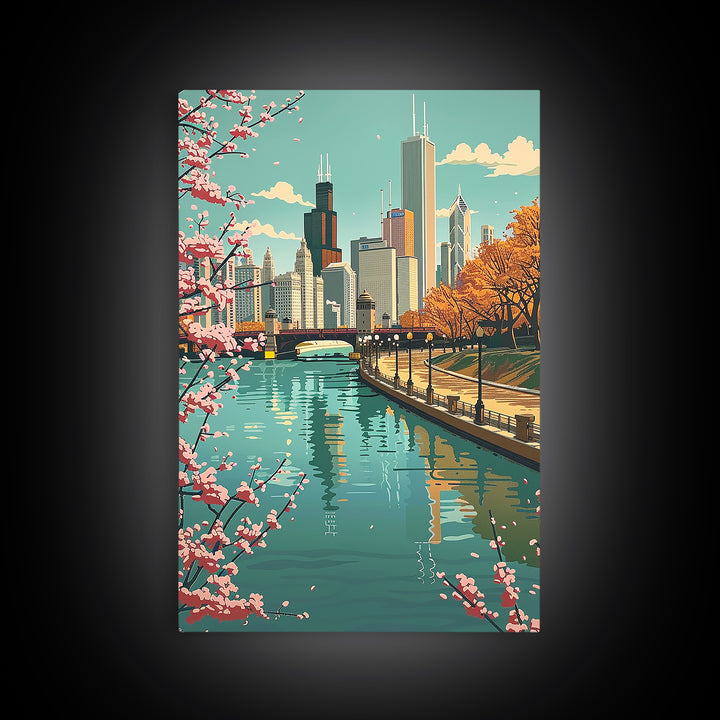 Chicago Travel Poster, Framed Canvas Print, City Art Print, Travel Wall Art, Travel Posters, Vintage Poster, Travel Prints, Wall Art