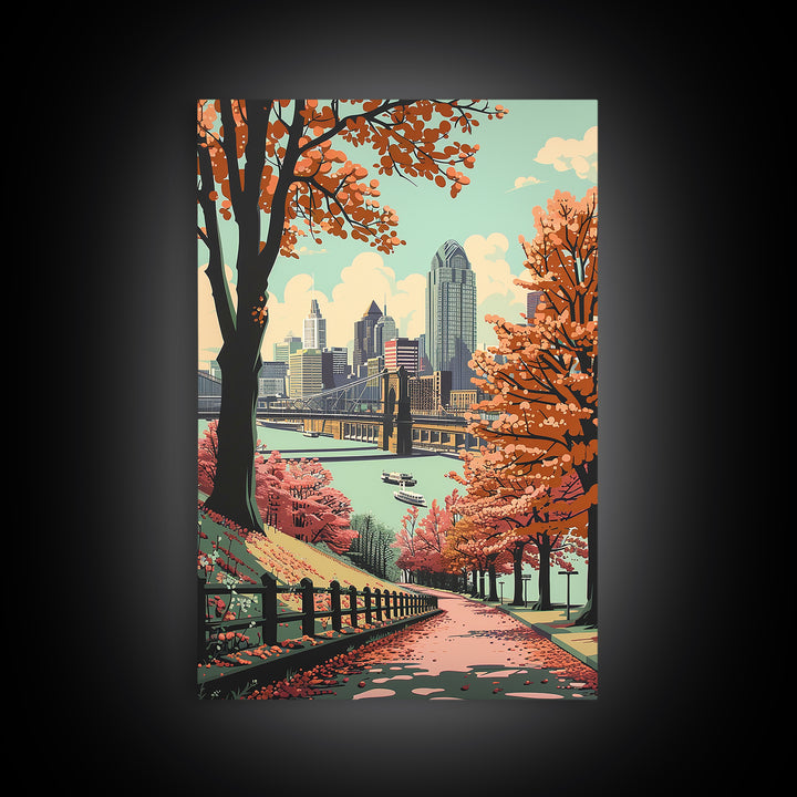 Cincinnati Travel Poster, Framed Canvas Print, Travel Wall Decor, Minimalist Poster, Fine Art Print, City Illustration, Travel Decor