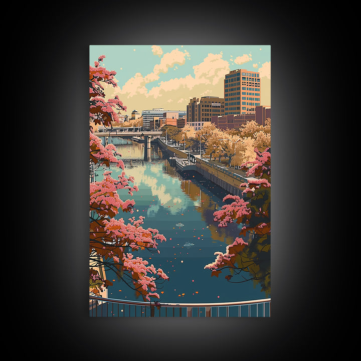 Grand Rapids Travel Poster, Framed Canvas Print, Travel Prints, Landscape Art, City Travel Poster, City Illustration, Vintage Travel