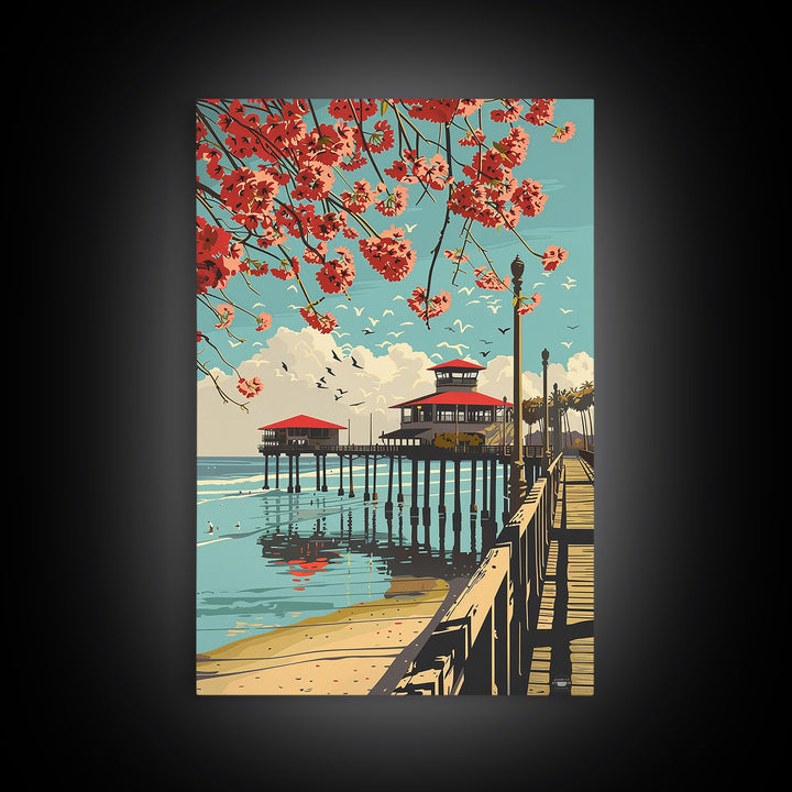 Huntington Beach Travel Poster, Canvas Print, Travel Wall Art, City Wall Art, Vintage City Poster, Travel Posters, Minimalist Poster