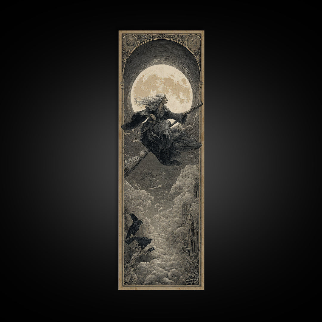 The Moonlit Witch, Gothic Engraving Art, Tall Narrow Wall Art, Dark Halloween Decor, Canvas Print, Halloween Wall Art