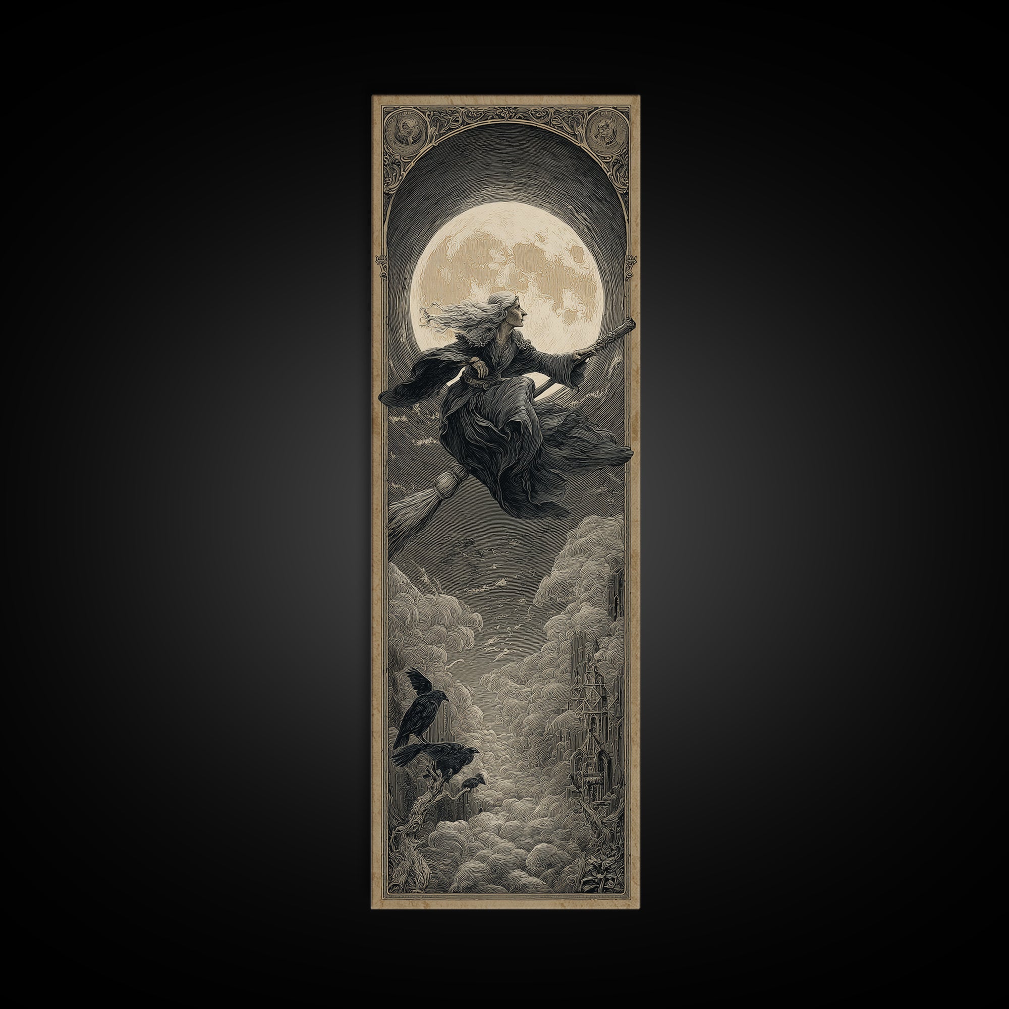 The Moonlit Witch, Gothic Engraving Art, Tall Narrow Wall Art, Dark Halloween Decor, Canvas Print, Halloween Wall Art