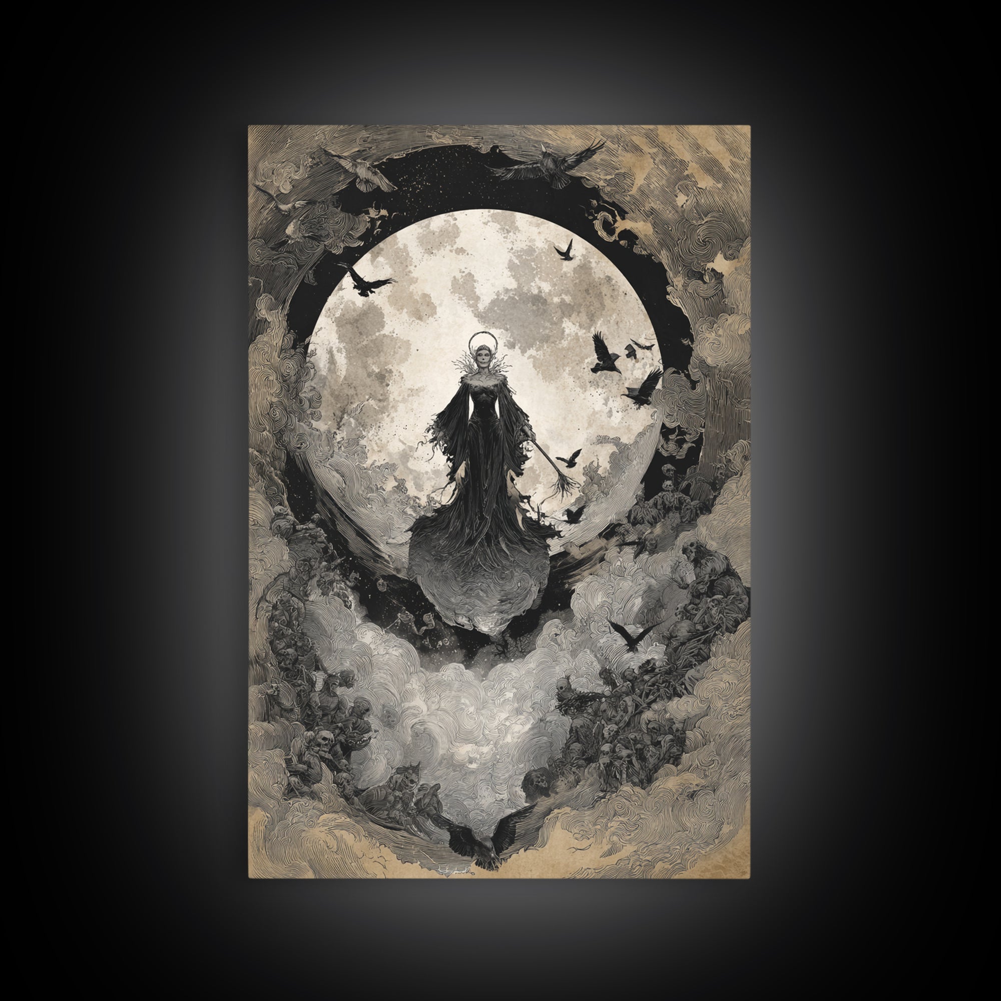 The Moonlit Witch, Decadent Gothic Art, Vertical Wall Art, Gothic Horror Wall Art, Framed Canvas Print, Halloween Wall Art