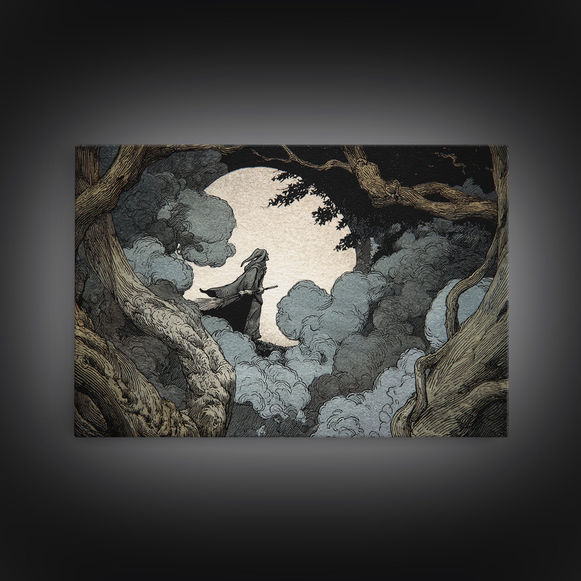 The Moonlit Witch, Gothic Storybook Art, Landscape Wall Art, Dark Halloween Decor, Canvas Print, Halloween Wall Art, Horror Wall Art