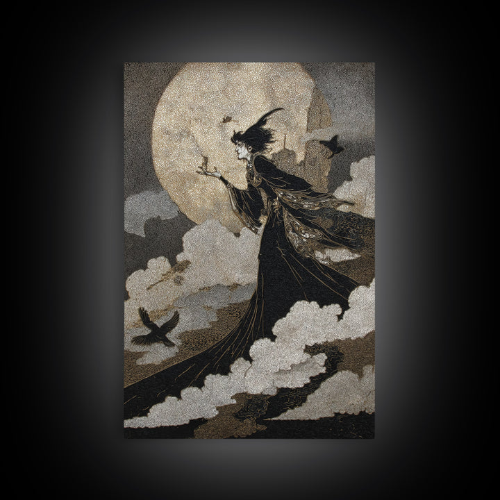 The Moonlit Witch, Stained Glass Gothic Art, Vertical Wall Art, Dark Fantasy Wall Art, Framed Canvas Print, Halloween Wall Art
