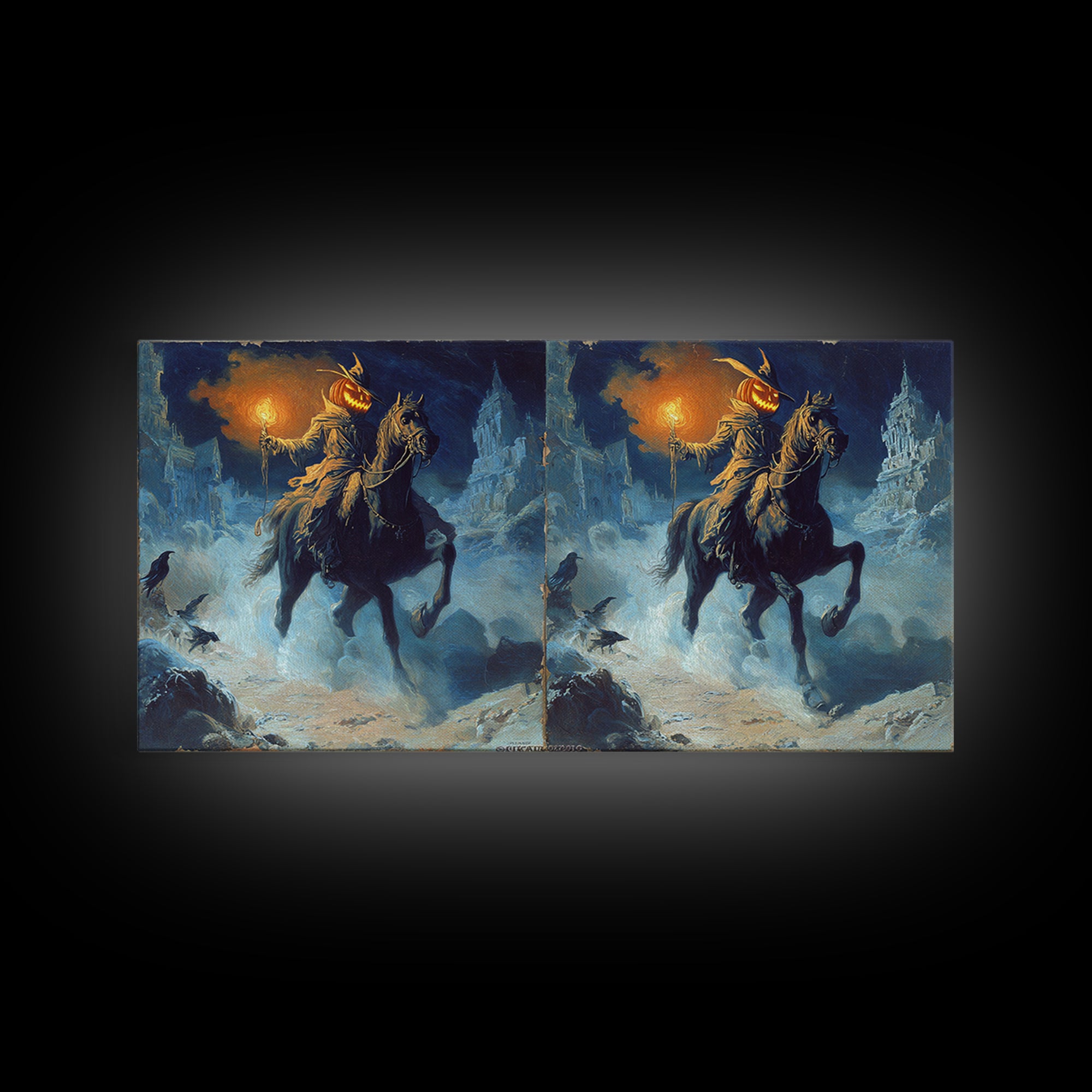 The Headless Horseman, Apocalyptic Romantic Art, Wide Panoramic Art, Gothic Horror Wall Art, Framed Canvas Print, Halloween Wall Art