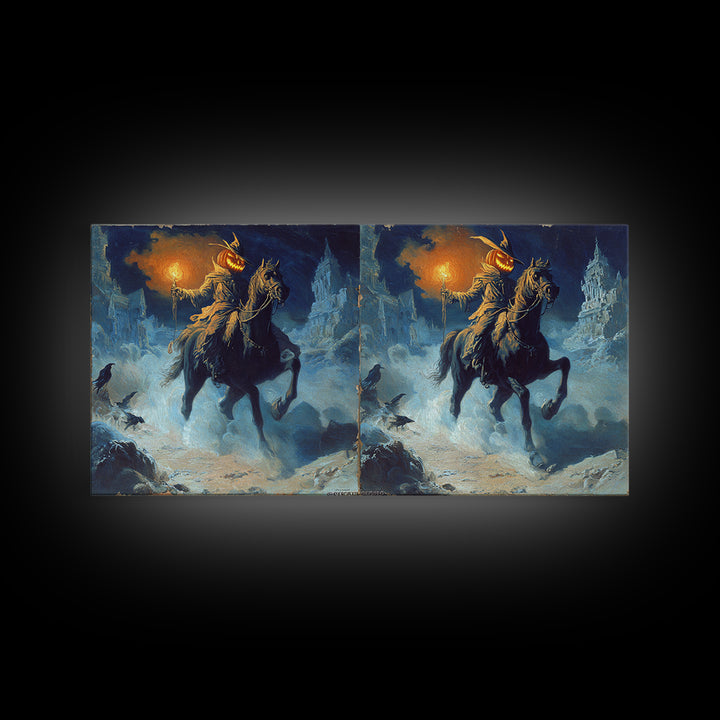 The Headless Horseman, Apocalyptic Romantic Art, Wide Panoramic Art, Gothic Horror Wall Art, Framed Canvas Print, Halloween Wall Art