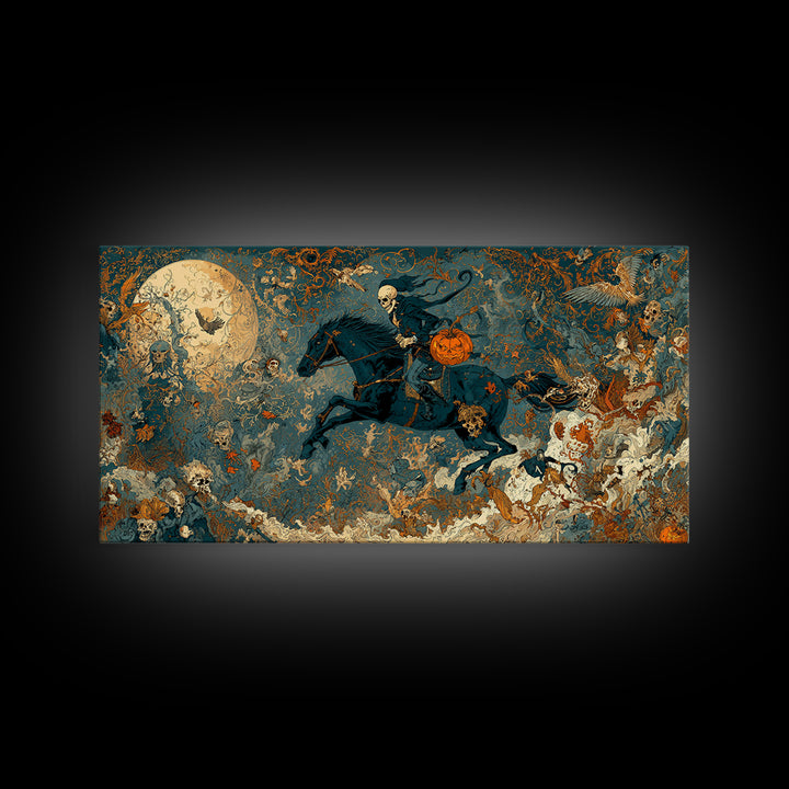 The Headless Horseman, Grotesque Carnival Art, Wide Panoramic Art, Dark Halloween Decor, Canvas Print, Halloween Wall Art
