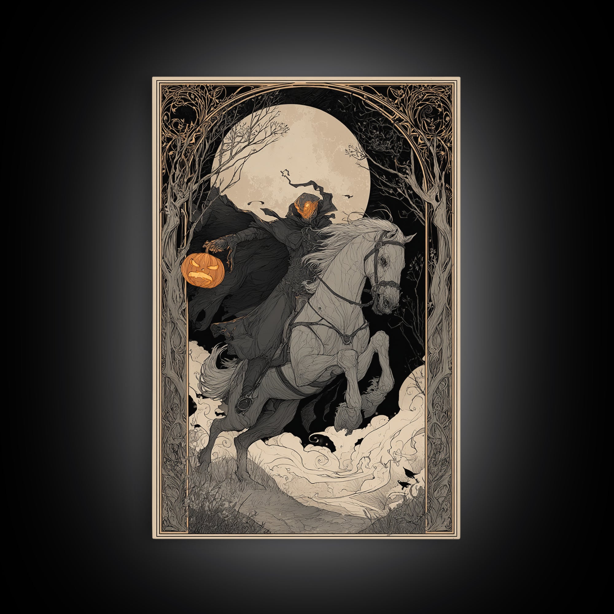 The Headless Horseman, Decadent Line Art, Vertical Wall Art, Gothic Horror Wall Art, Framed Canvas Print, Halloween Wall Art