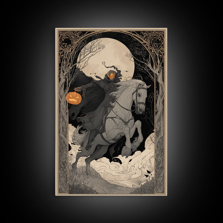 The Headless Horseman, Decadent Line Art, Vertical Wall Art, Gothic Horror Wall Art, Framed Canvas Print, Halloween Wall Art