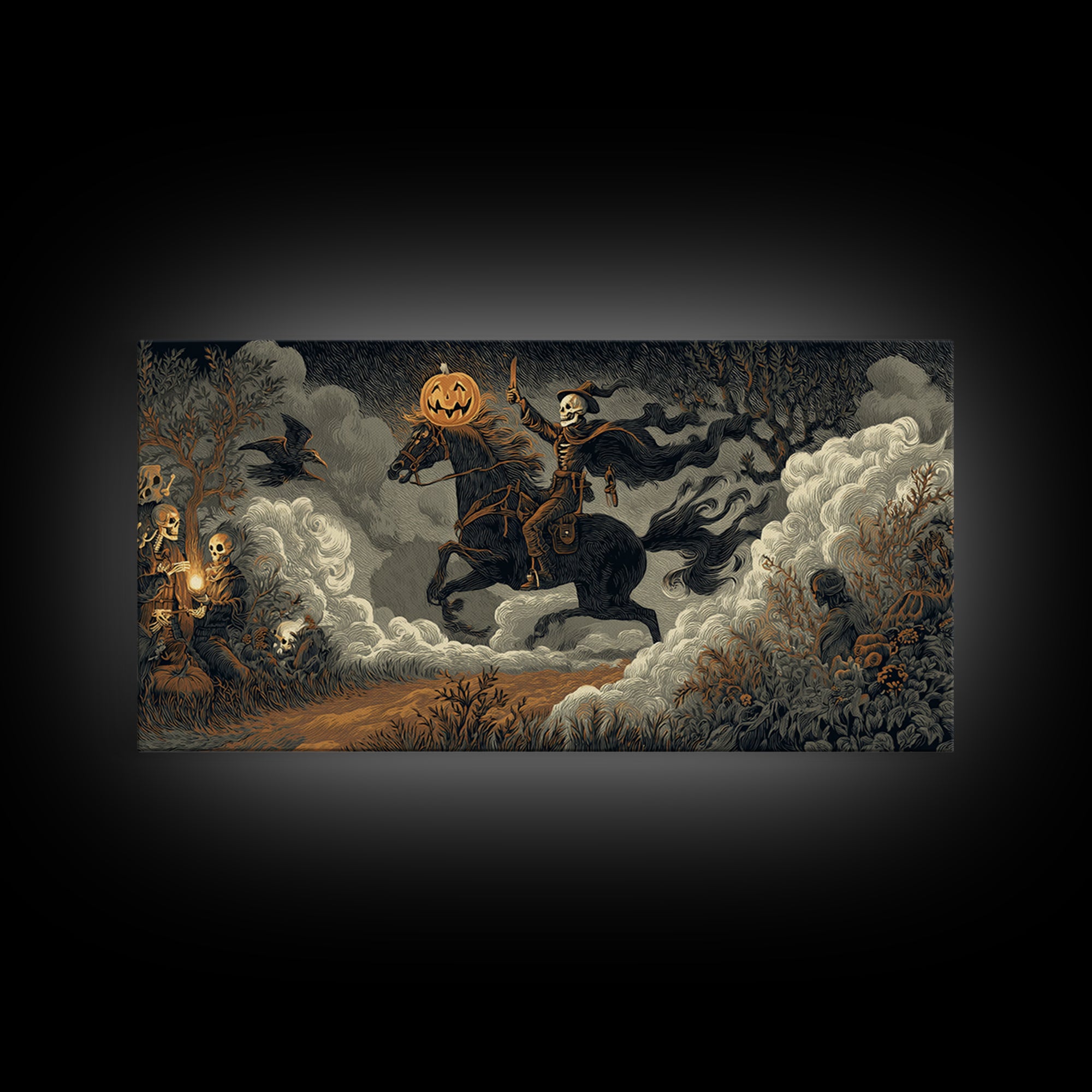 The Headless Horseman, Macabre Folk Print Art, Wide Panoramic Art, Gothic Horror Wall Art, Framed Canvas Print, Macabre Wall Art