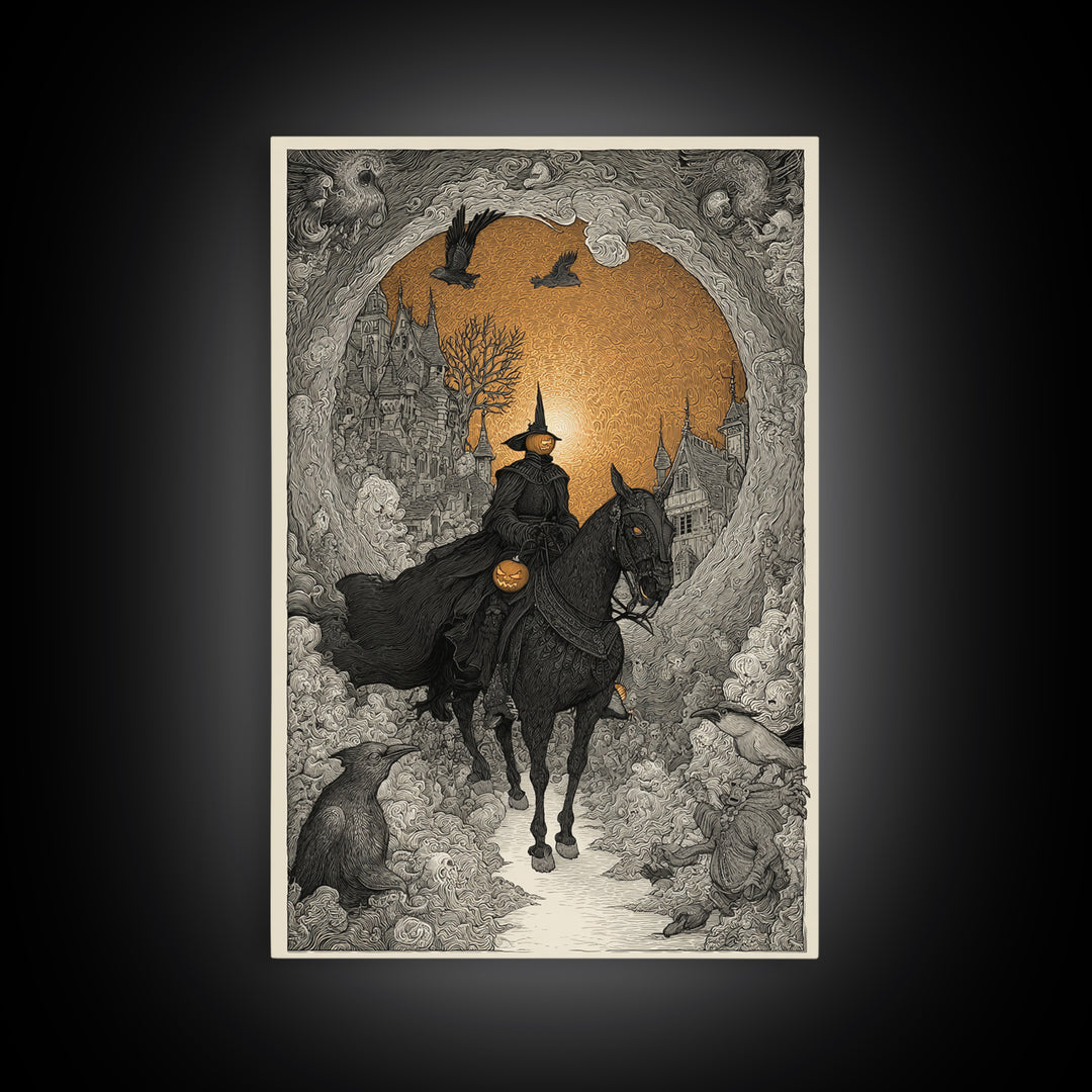 The Headless Horseman, Victorian Macabre Art, Vertical Wall Art, Dark Halloween Decor, Canvas Print, Halloween Wall Art