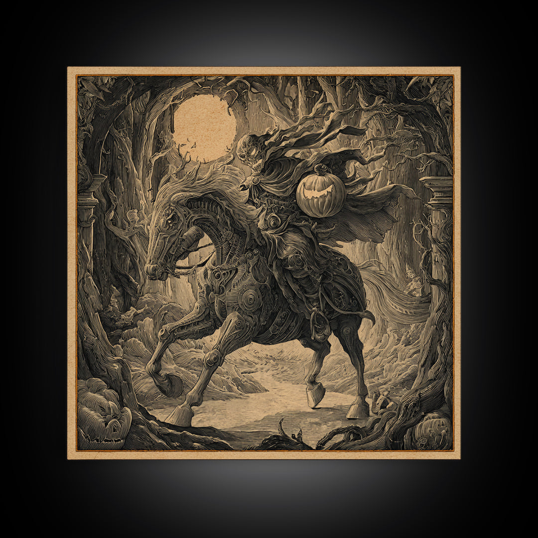 The Headless Horseman, Biomechanical Horror Art, Square Wall Art, Gothic Horror Wall Art, Framed Canvas Print, Halloween Wall Art