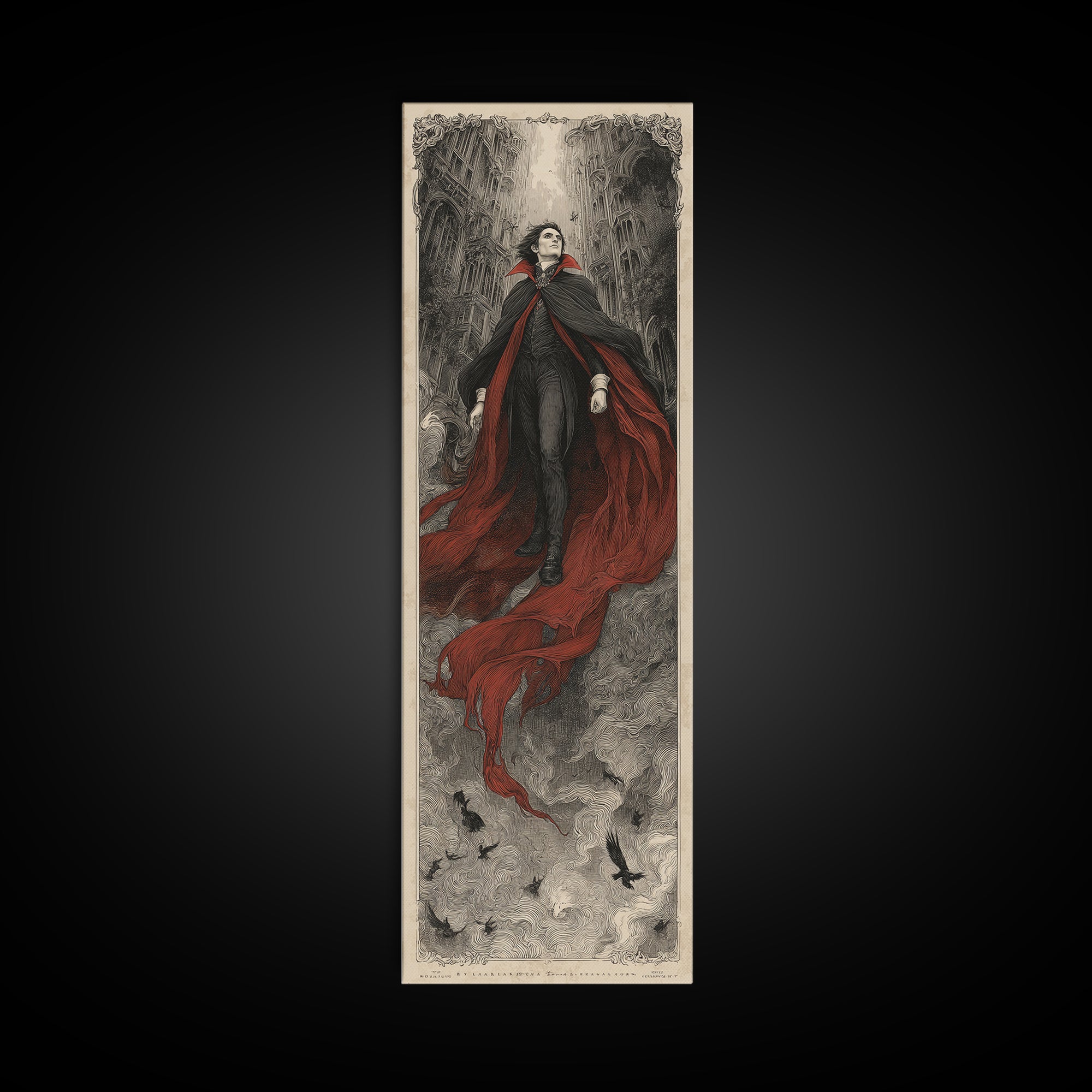 The Crimson Vampire, Gothic Engraving Art, Tall Narrow Wall Art, Dark Halloween Decor, Framed Canvas Print, Halloween Wall Art
