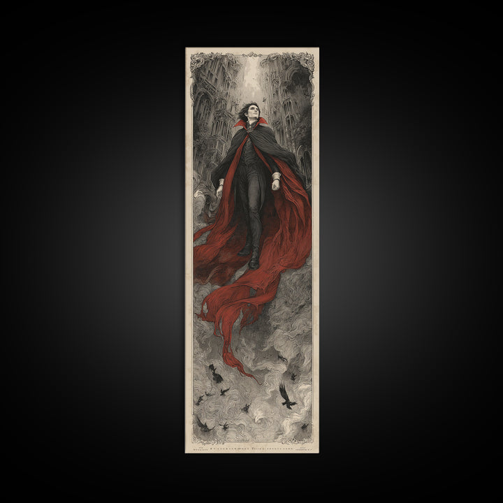 The Crimson Vampire, Gothic Engraving Art, Tall Narrow Wall Art, Dark Halloween Decor, Framed Canvas Print, Halloween Wall Art