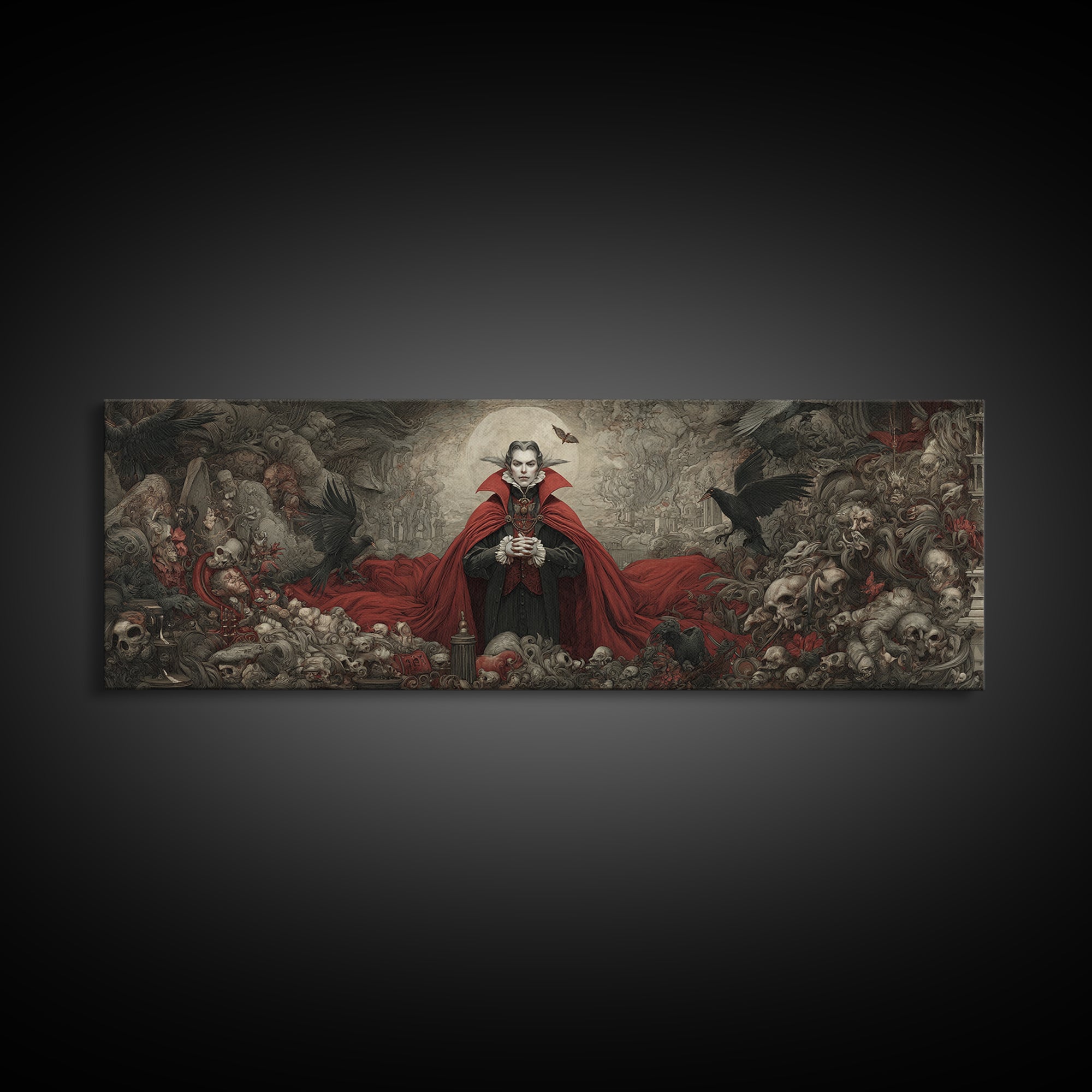 The Crimson Vampire, Medieval Grotesque Art, Extra Wide Wall Art, Gothic Horror Wall Art, Canvas Print, Halloween Wall Art
