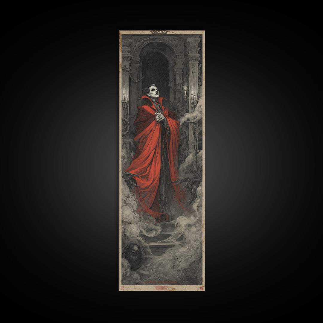 The Crimson Vampire, Architectural Etching Art, Tall Narrow Wall Art, Dark Fantasy Wall Art, Canvas Print, Halloween Wall Art
