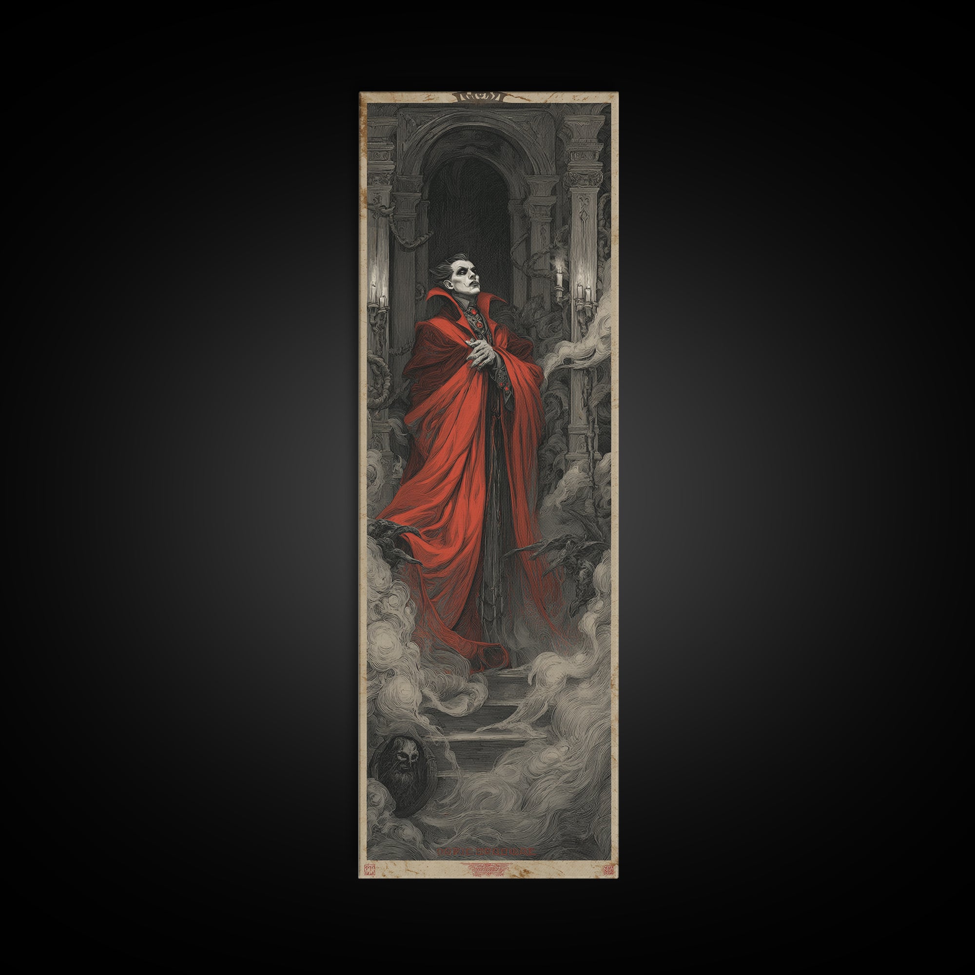 The Crimson Vampire, Architectural Etching Art, Tall Narrow Wall Art, Dark Fantasy Wall Art, Canvas Print, Halloween Wall Art