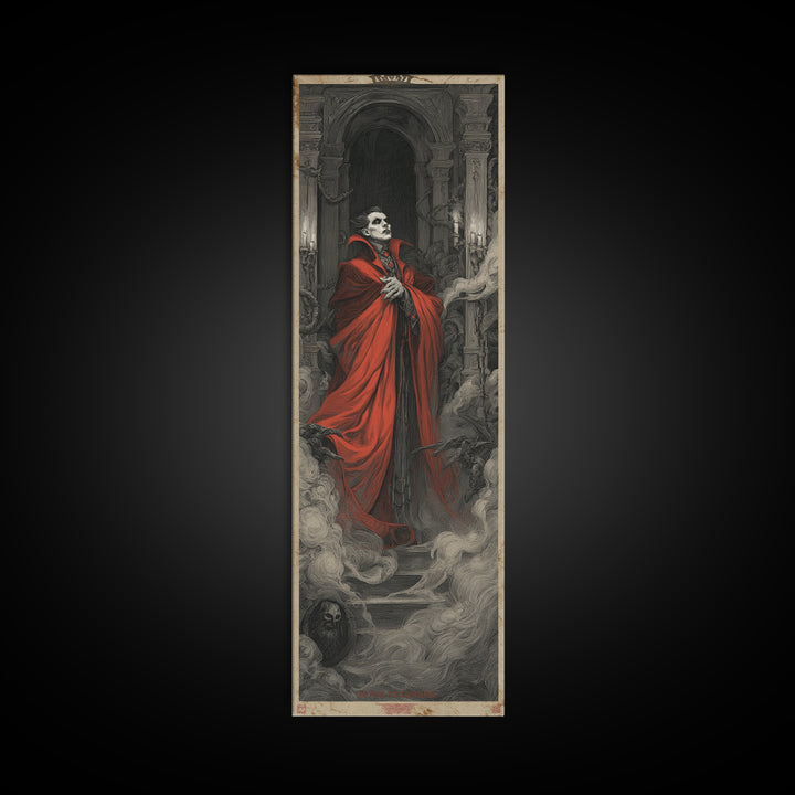 The Crimson Vampire, Architectural Etching Art, Tall Narrow Wall Art, Dark Fantasy Wall Art, Canvas Print, Halloween Wall Art