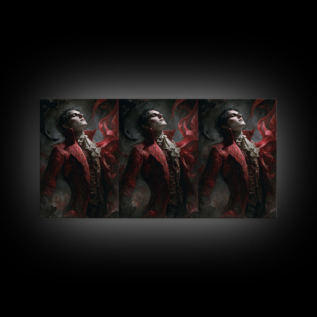 The Crimson Vampire, Apocalyptic Romantic Art, Wide Panoramic Art, Dark Halloween Decor, Framed Canvas Print, Halloween Wall Art