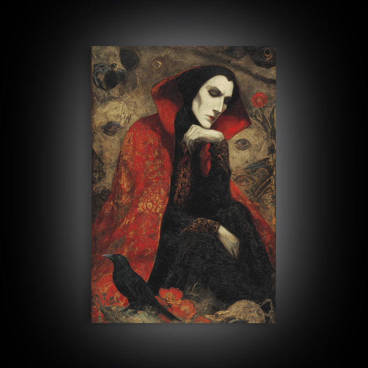 The Crimson Vampire, Symbolist Dream Art, Vertical Wall Art, Macabre Wall Art, Framed Canvas Print, Halloween Wall Art