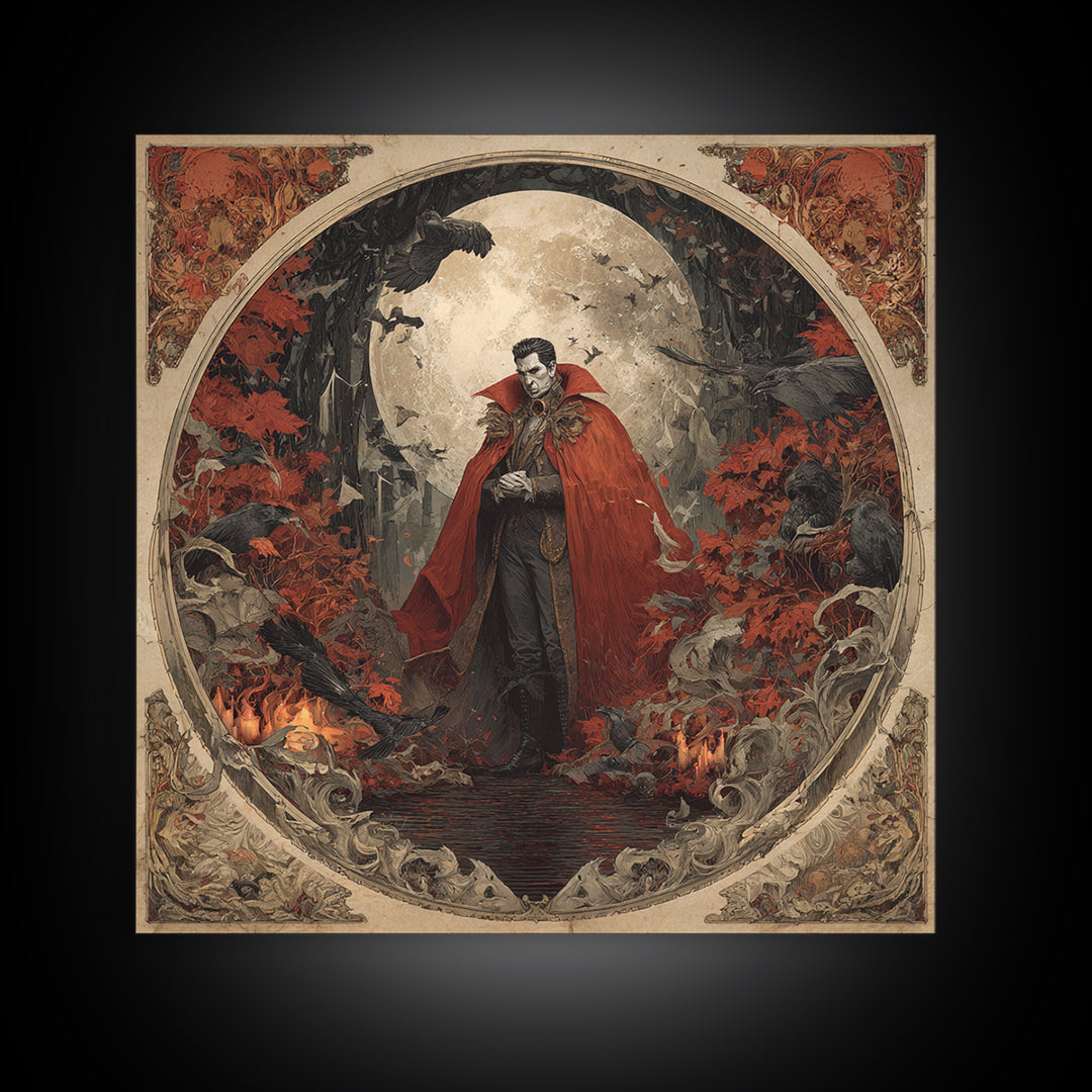The Crimson Vampire, Symbolist Gothic Landscape, Square Wall Art, Dark Halloween Decor, Framed Canvas Print, Halloween Wall Art