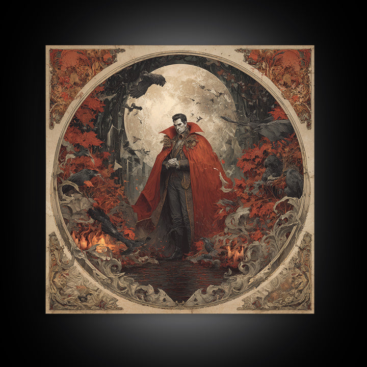 The Crimson Vampire, Symbolist Gothic Landscape, Square Wall Art, Dark Halloween Decor, Framed Canvas Print, Halloween Wall Art