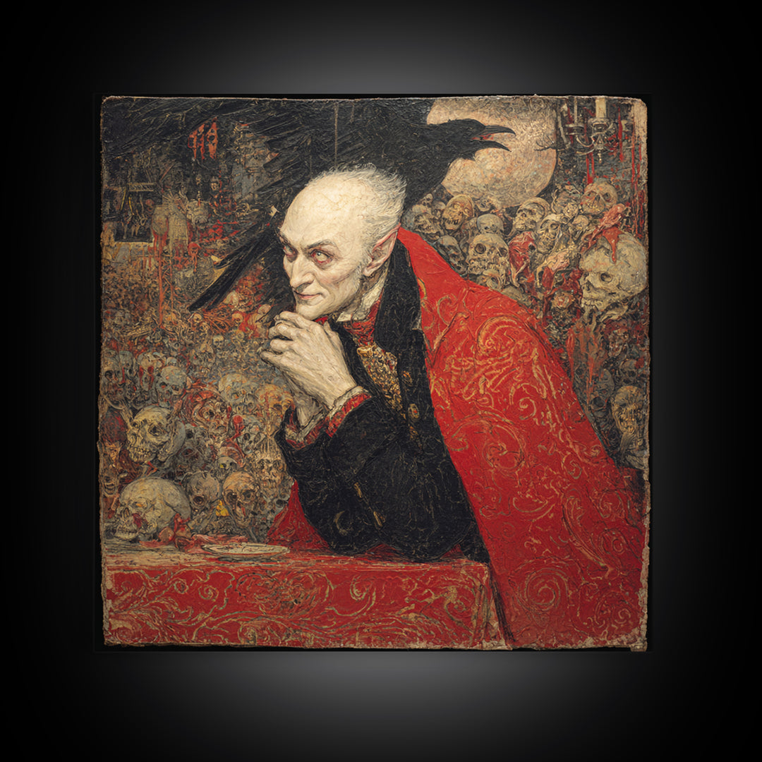 The Crimson Vampire, Grotesque Carnival Art, Square Wall Art, Dark Halloween Decor, Canvas Print, Halloween Wall Art, Statement Wall Art