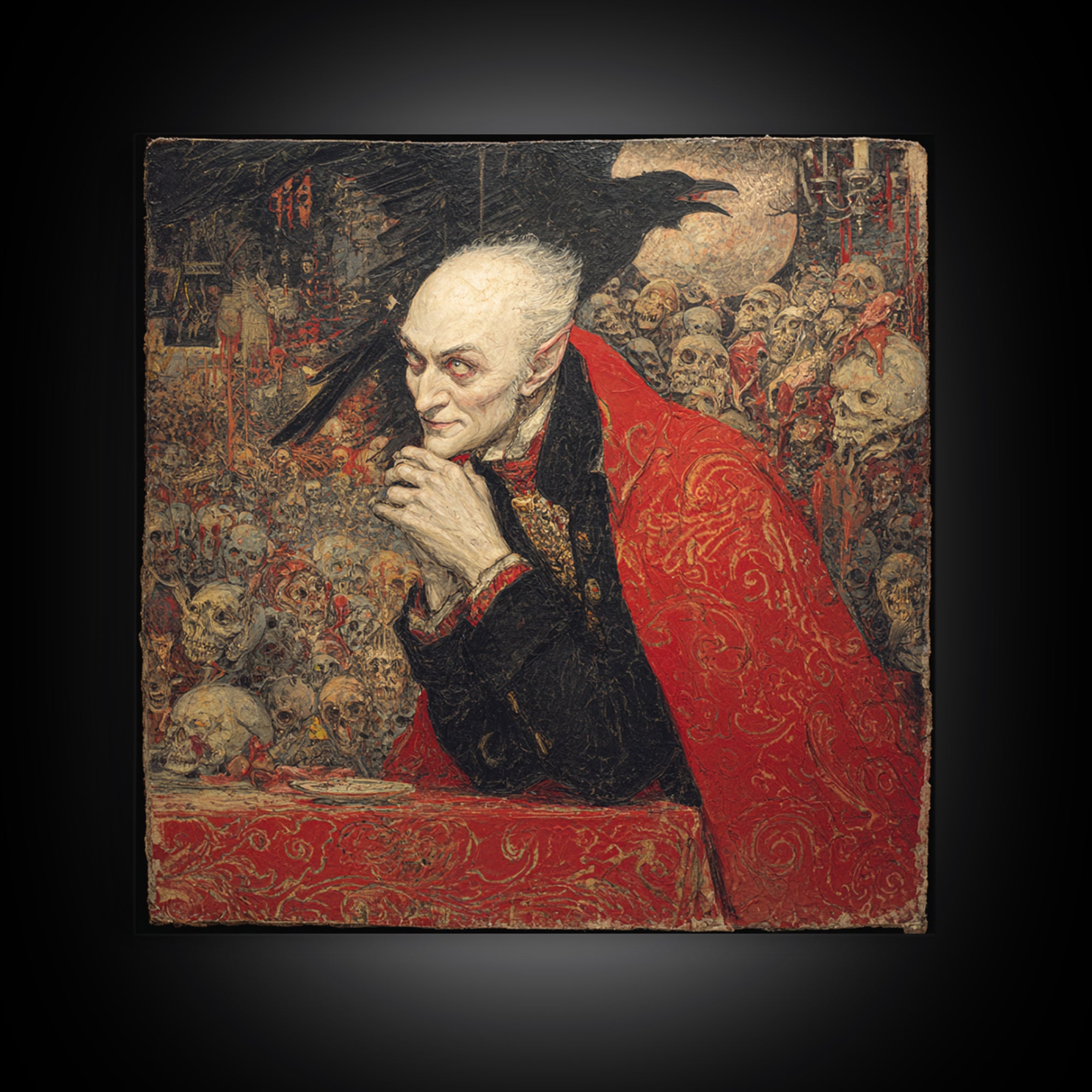 The Crimson Vampire, Grotesque Carnival Art, Square Wall Art, Dark Halloween Decor, Canvas Print, Halloween Wall Art, Statement Wall Art