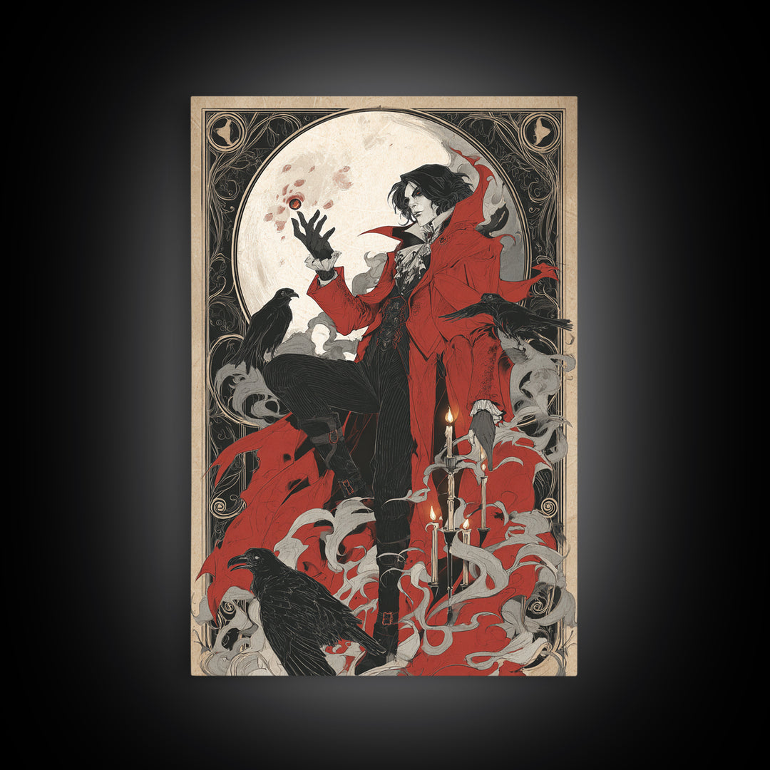 The Crimson Vampire, Decadent Line Art, Vertical Wall Art, Dark Fantasy Wall Art, Framed Canvas Print, Halloween Wall Art