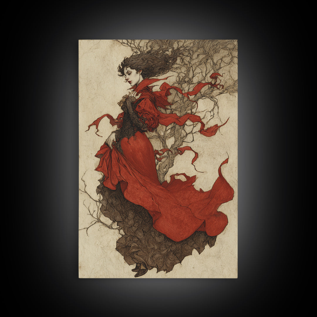 The Crimson Vampire, Gothic Storybook Art, Vertical Wall Art, Gothic Horror Wall Art, Framed Canvas Print, Halloween Wall Art