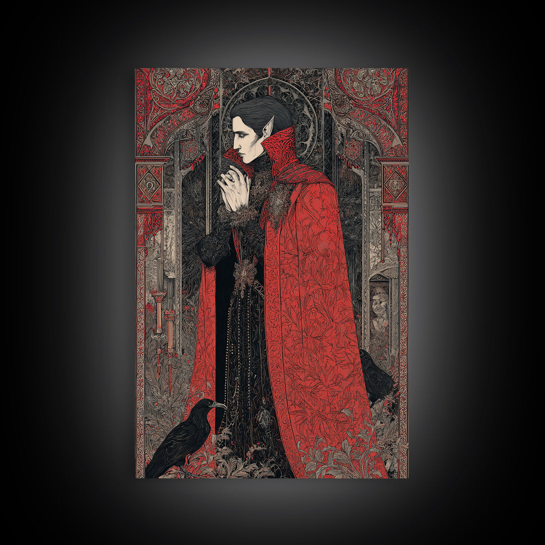The Crimson Vampire, Stained Glass Gothic Art, Vertical Wall Art, Dark Fantasy Wall Art, Canvas Print, Halloween Wall Art, Halloween Decor