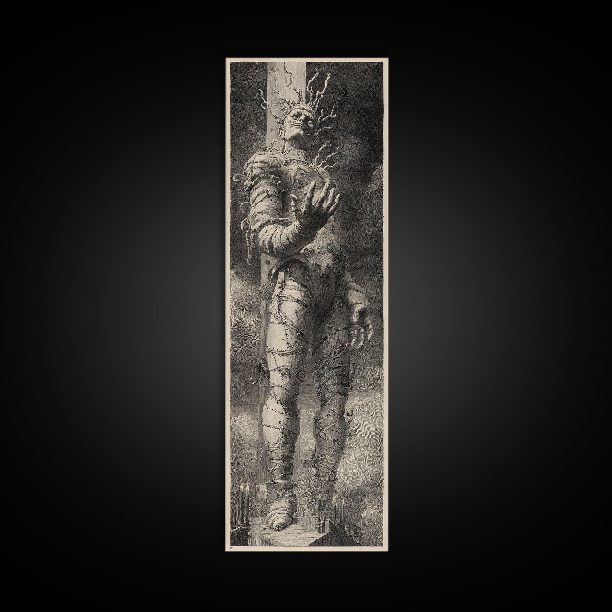 The Stitched Giant, Architectural Etching Art, Tall Narrow Wall Art, Dark Fantasy Wall Art, Framed Canvas Print