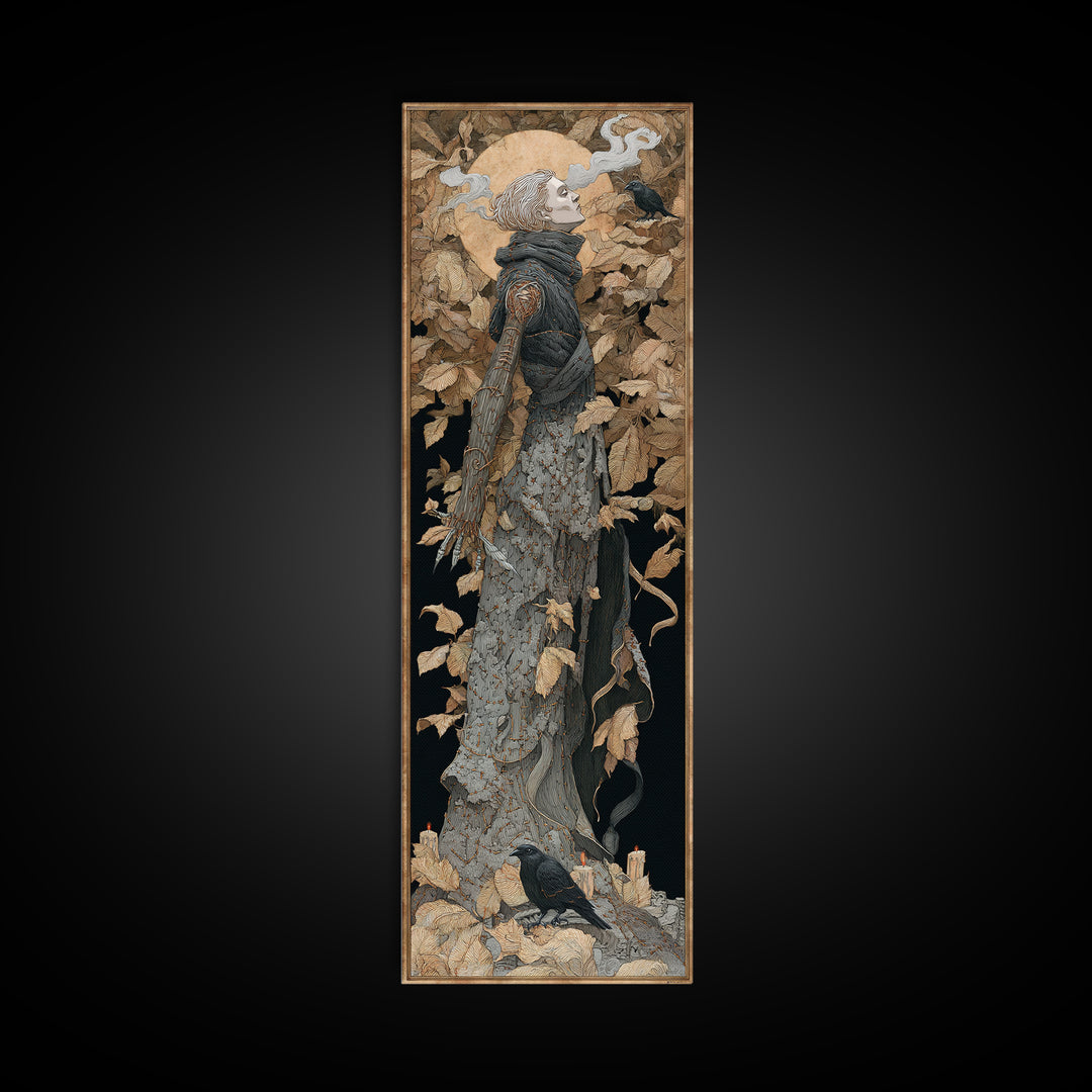 The Stitched Giant, Symbolist Death Art, Tall Narrow Wall Art, Dark Halloween Decor, Framed Canvas Print, Halloween Wall Art