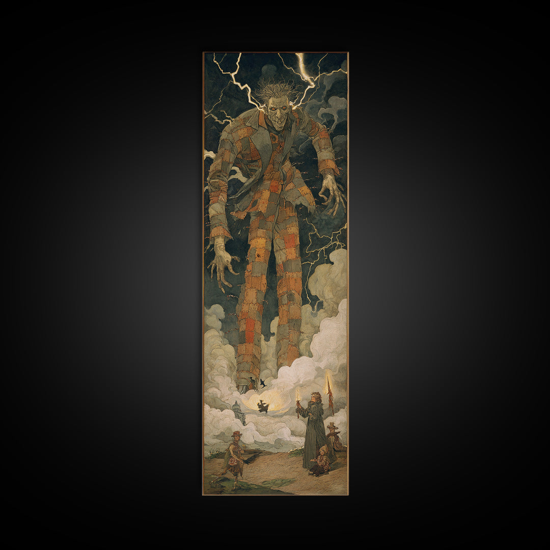 The Stitched Giant, Dark Symbolist Art, Tall Narrow Wall Art, Dark Fantasy Wall Art, Canvas Print, Halloween Wall Art