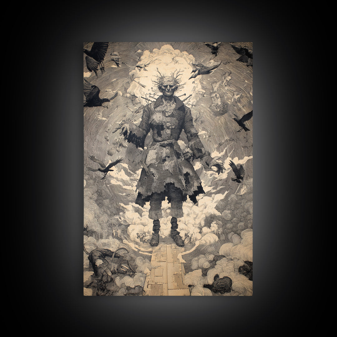 The Stitched Giant, Symbolist Etching Art, Vertical Wall Art, Dark Halloween Decor, Canvas Print, Halloween Wall Art, Dark Fantasy Art