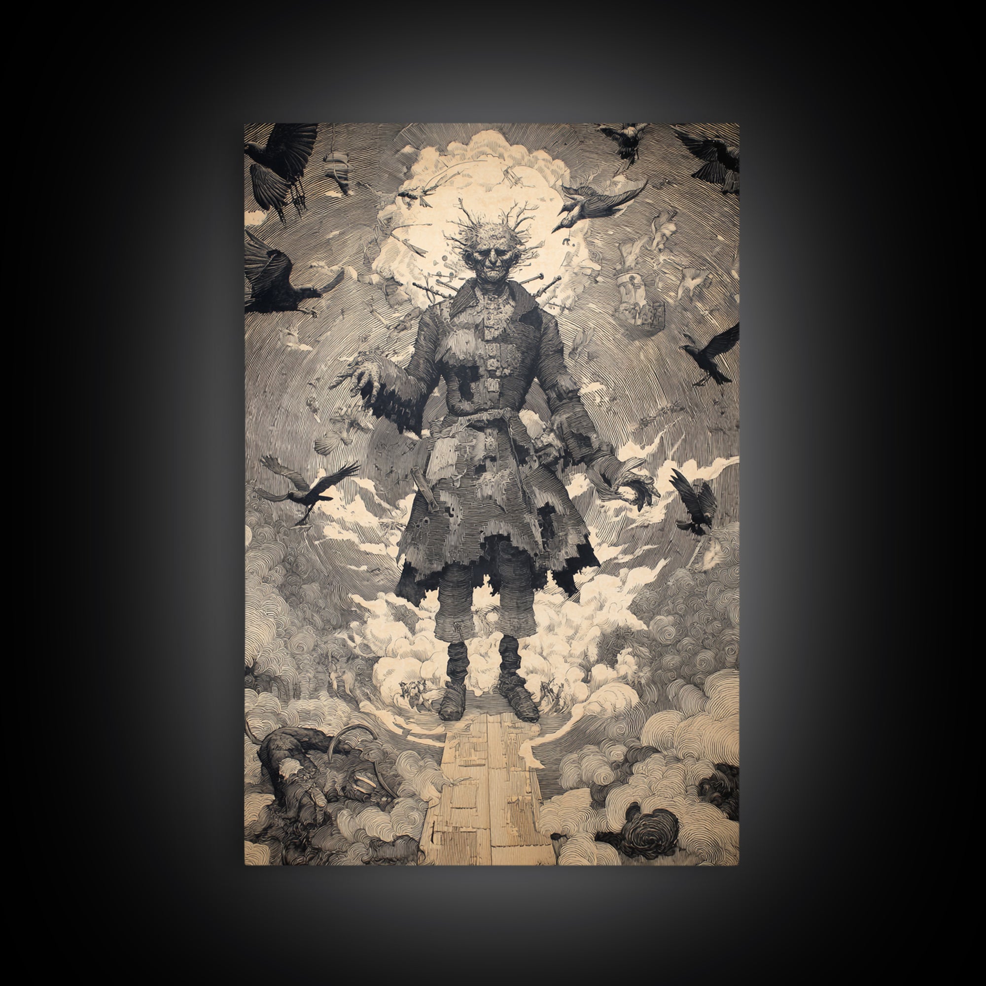 The Stitched Giant, Symbolist Etching Art, Vertical Wall Art, Dark Halloween Decor, Canvas Print, Halloween Wall Art, Dark Fantasy Art