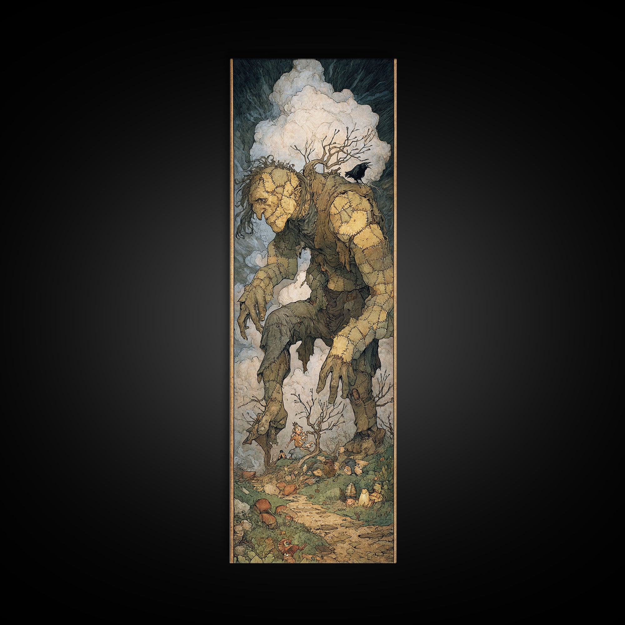 The Stitched Giant, Gothic Storybook Art, Tall Narrow Wall Art, Dark Halloween Decor, Canvas Print, Halloween Wall Art
