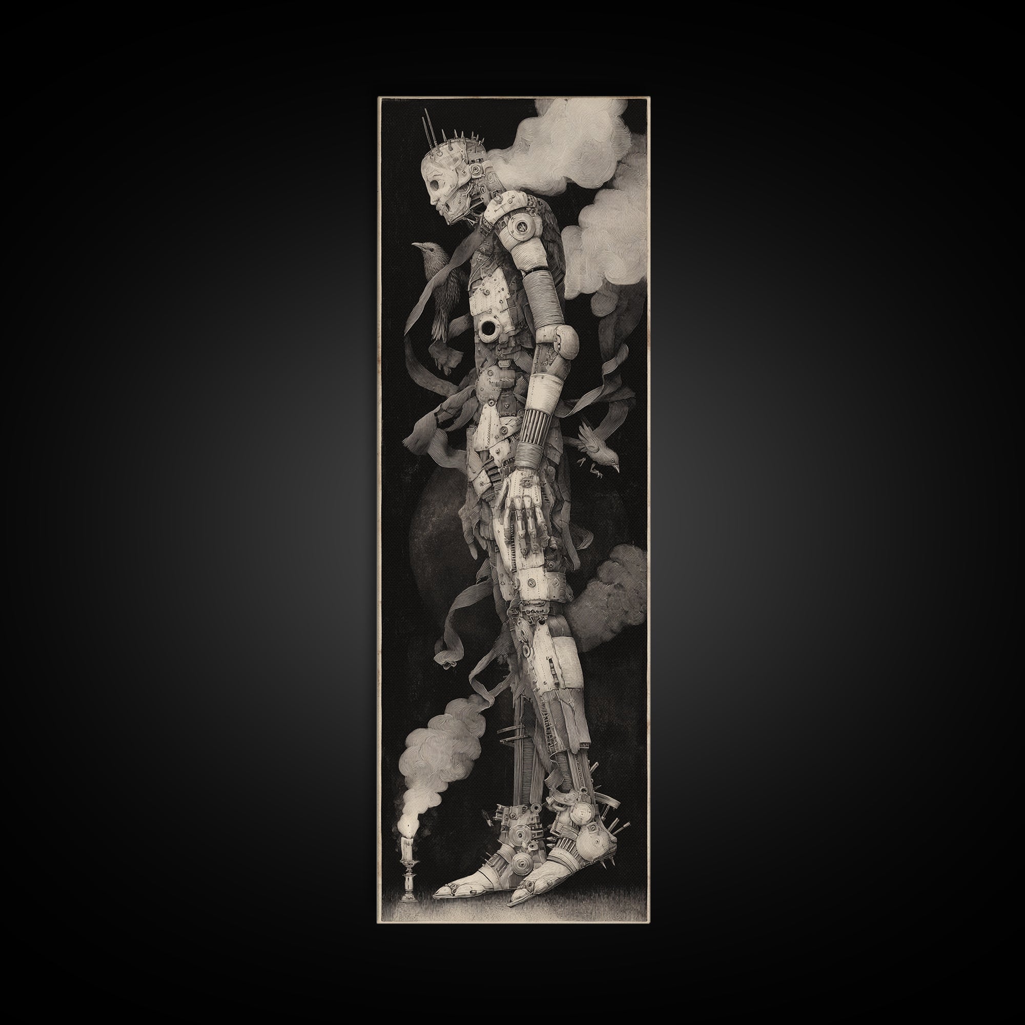 The Stitched Giant, Biomechanical Horror Art, Tall Narrow Wall Art, Dark Halloween Decor, Canvas Print, Halloween Wall Art
