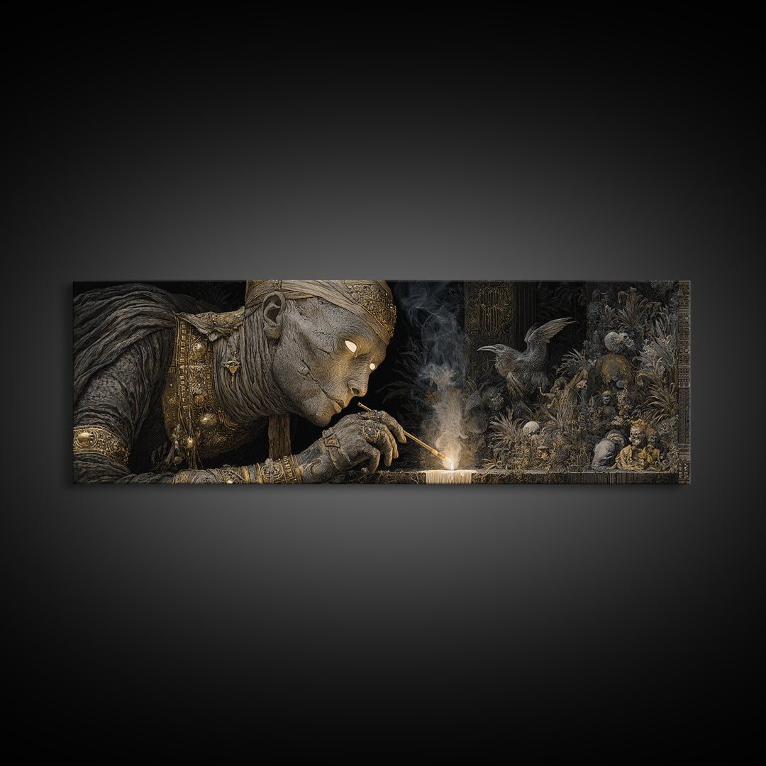 The Mummy Pharaoh, Medieval Grotesque Art, Extra Wide Wall Art, Dark Fantasy Wall Art, Canvas Print, Halloween Wall Art