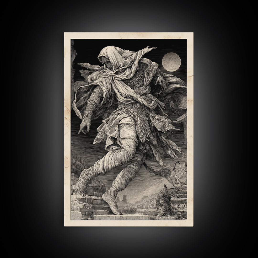 The Mummy Pharaoh, Renaissance Engraving Art, Vertical Wall Art, Dark Fantasy Wall Art, Framed Canvas Print, Halloween Wall Art