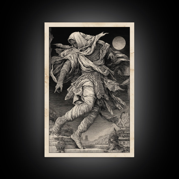 The Mummy Pharaoh, Renaissance Engraving Art, Vertical Wall Art, Dark Fantasy Wall Art, Framed Canvas Print, Halloween Wall Art