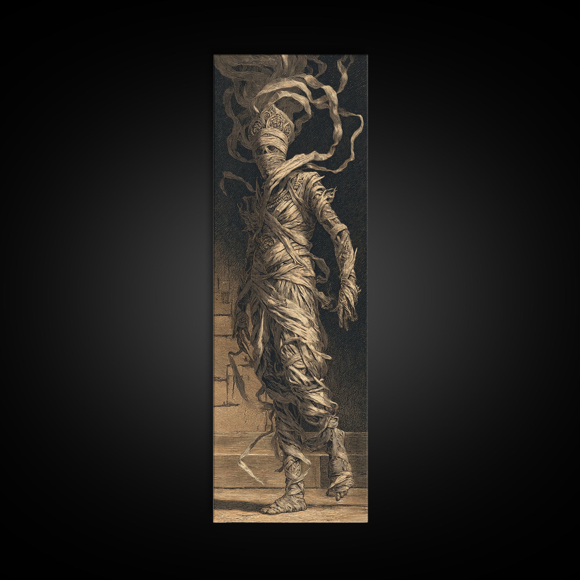 The Mummy Pharaoh, Architectural Etching Art, Tall Narrow Wall Art, Gothic Horror Wall Art, Canvas Print, Halloween Wall Art