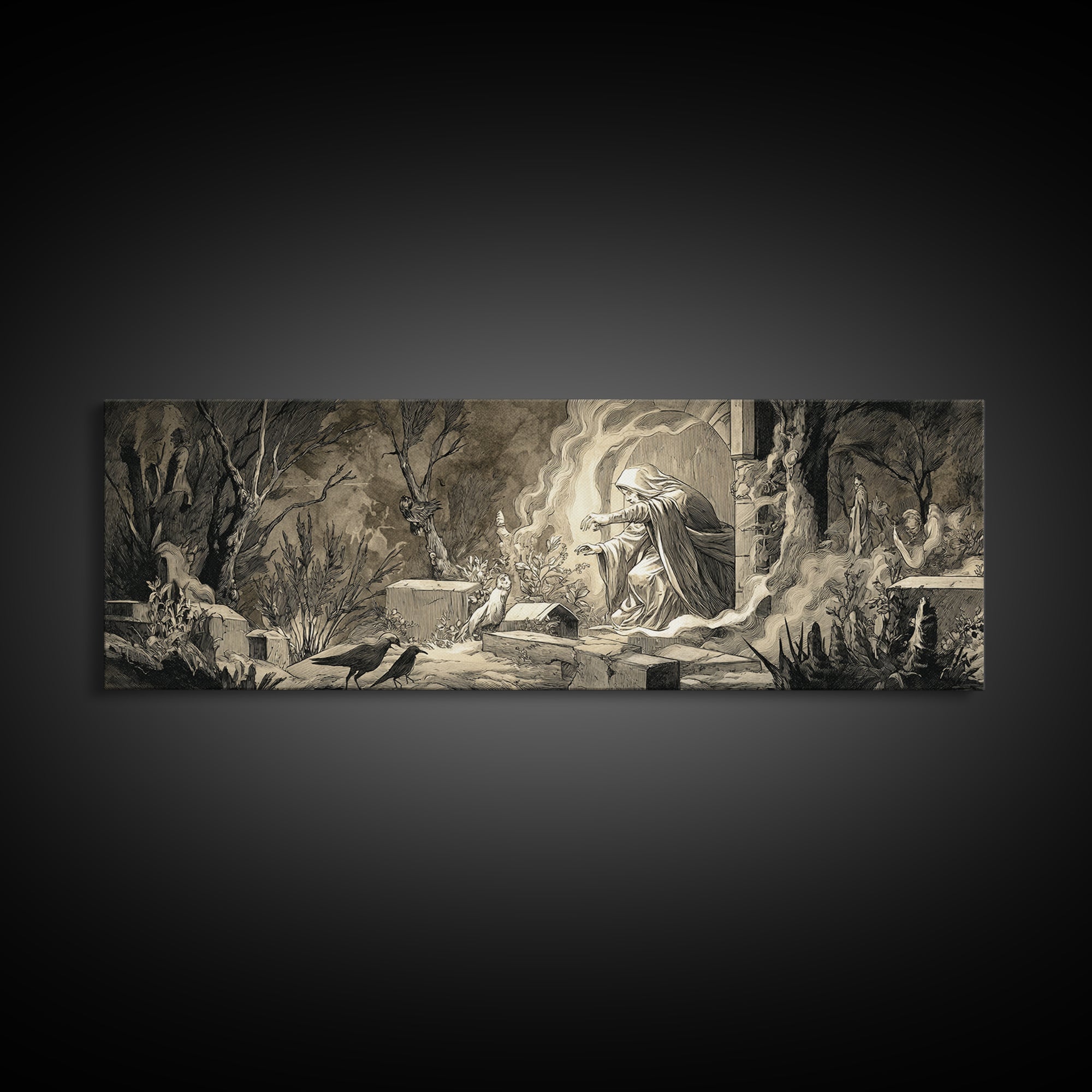 The Graveyard Ghost, Medieval Grotesque Art, Extra Wide Wall Art, Gothic Horror Wall Art, Canvas Print, Halloween Wall Art