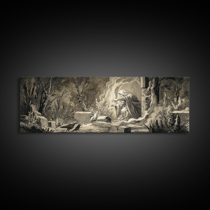 The Graveyard Ghost, Medieval Grotesque Art, Extra Wide Wall Art, Gothic Horror Wall Art, Canvas Print, Halloween Wall Art