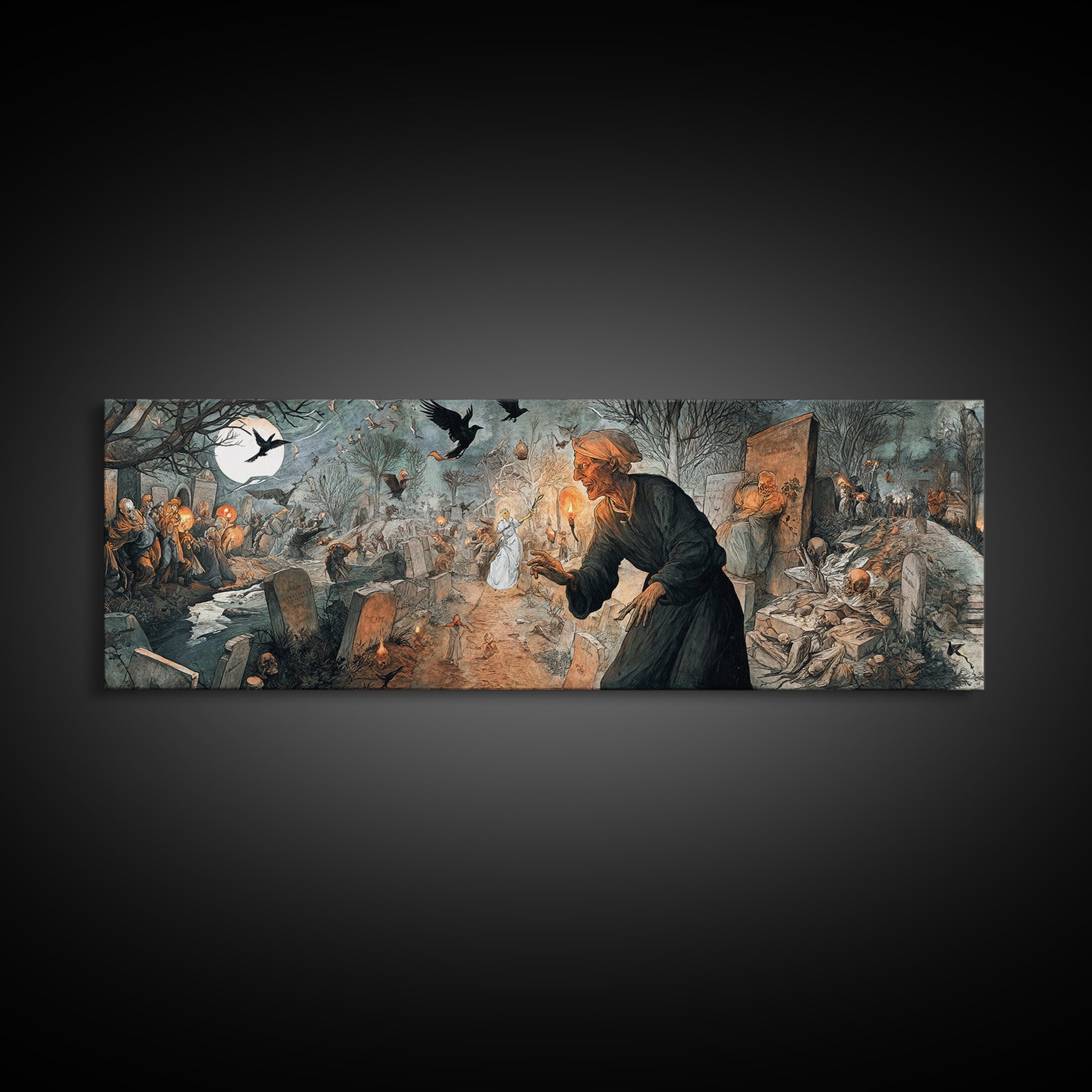The Graveyard Ghost, Northern Renaissance Horror, Extra Wide Wall Art, Macabre Wall Art, Canvas Print, Halloween Wall Art