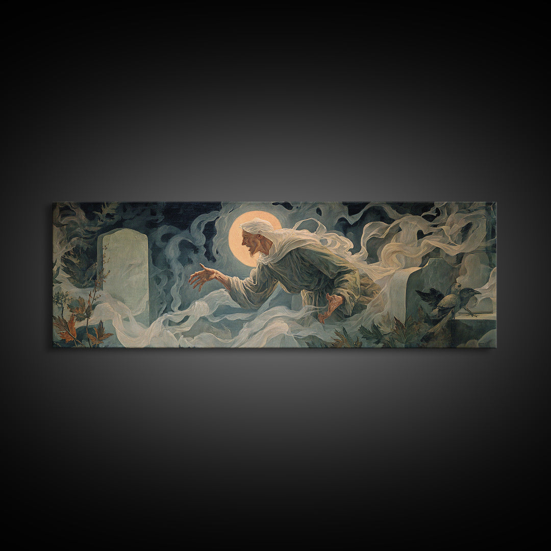 The Graveyard Ghost, Dark Renaissance Art, Extra Wide Wall Art, Dark Halloween Decor, Canvas Print, Halloween Wall Art