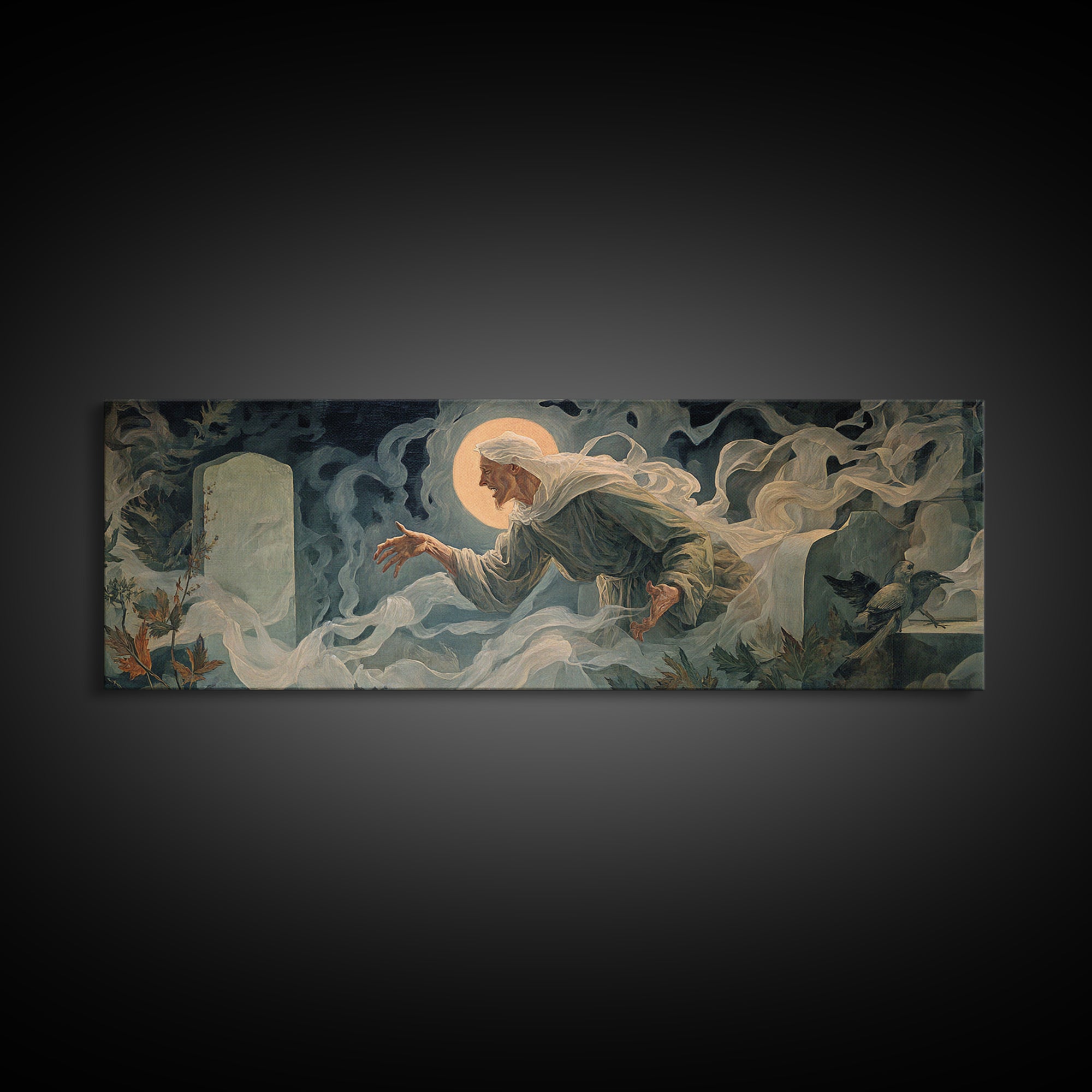 The Graveyard Ghost, Dark Renaissance Art, Extra Wide Wall Art, Dark Halloween Decor, Canvas Print, Halloween Wall Art