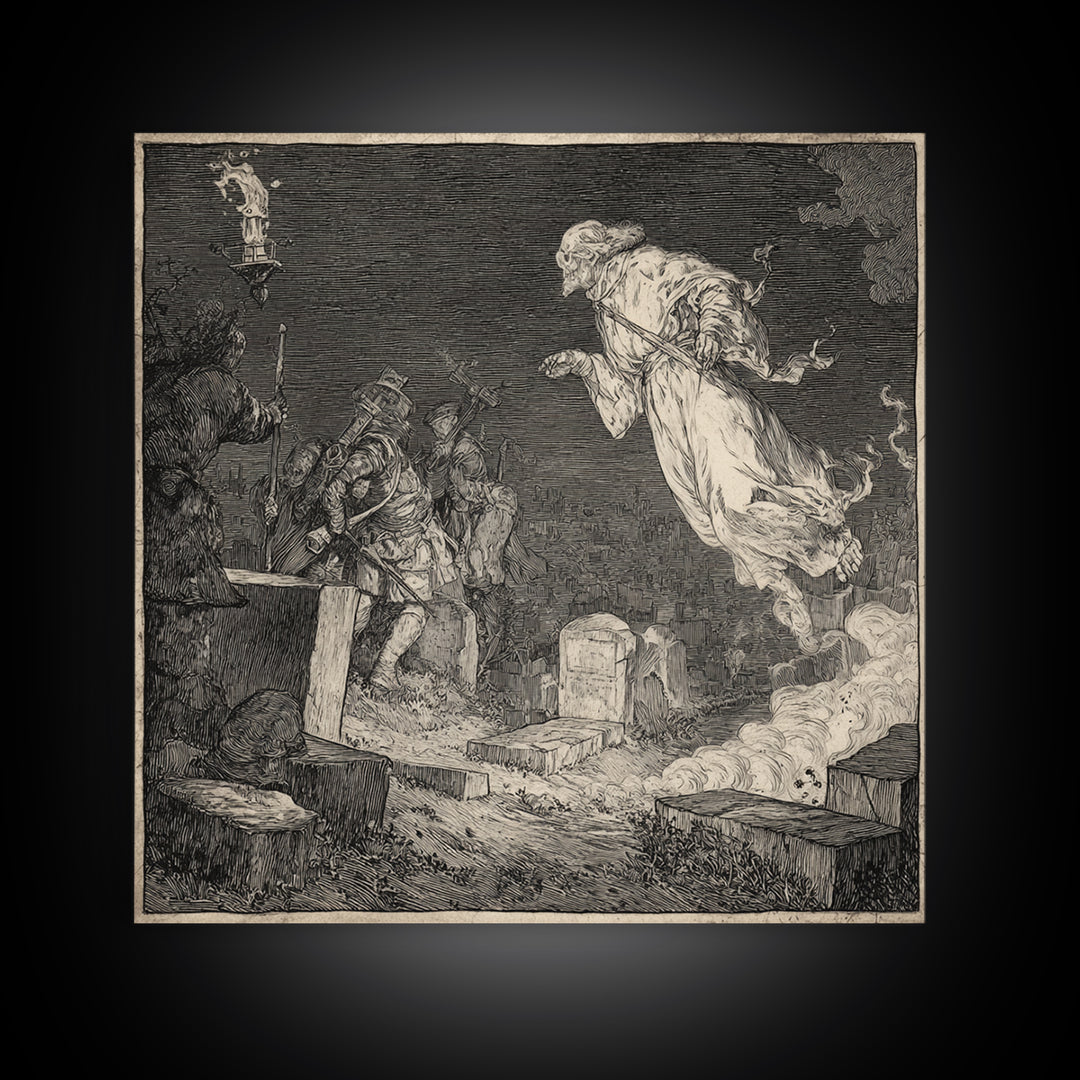 The Graveyard Ghost, Renaissance Engraving Art, Square Wall Art, Gothic Horror Wall Art, Canvas Print, Halloween Wall Art