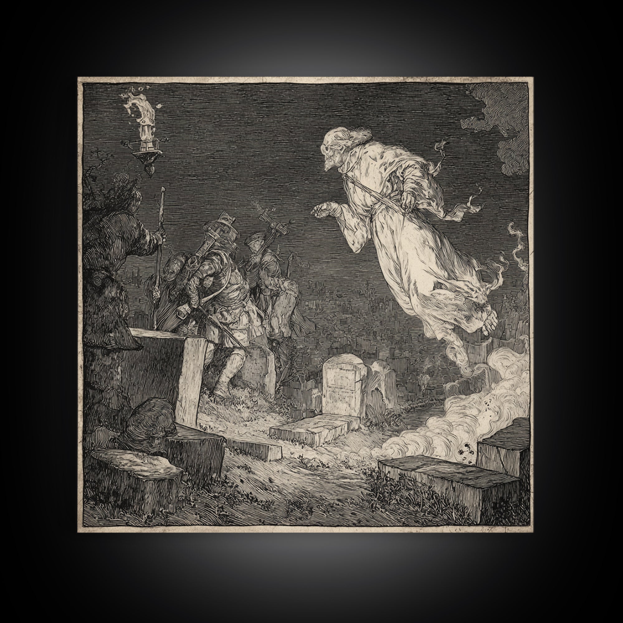 The Graveyard Ghost, Renaissance Engraving Art, Square Wall Art, Gothic Horror Wall Art, Canvas Print, Halloween Wall Art